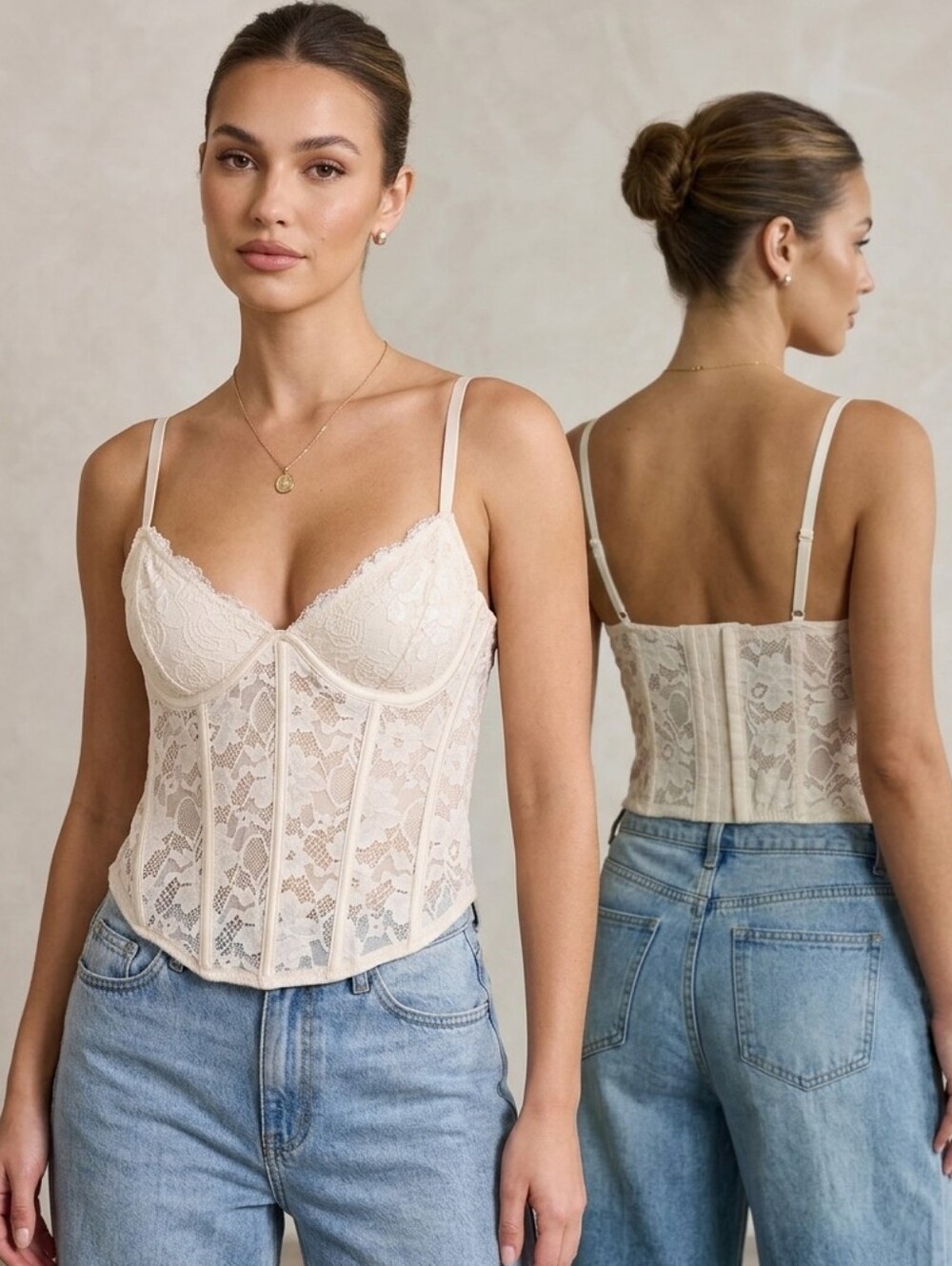 L.A. Hearts Ivory Floral Lace Boned Corset Bustier Top